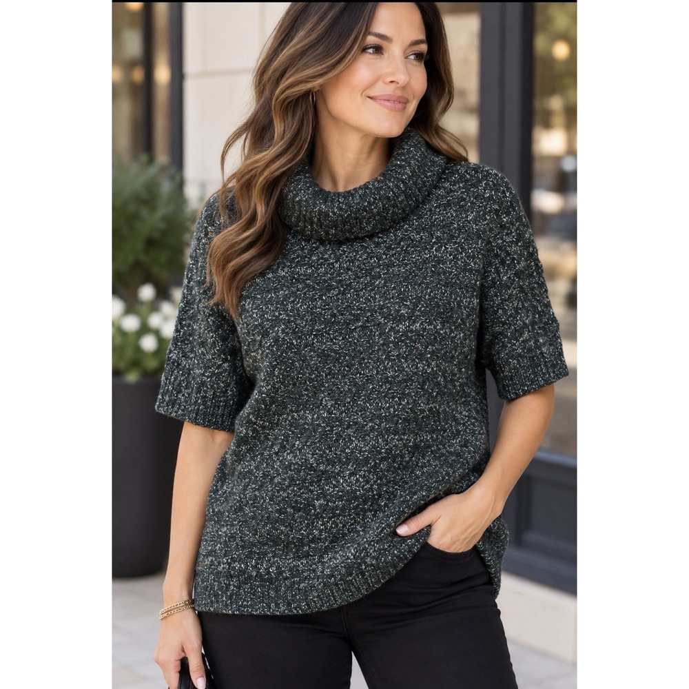 Alice + Olivia Sweater Womens Small Black Marled Cowl Neck Oversize Short Sleeve